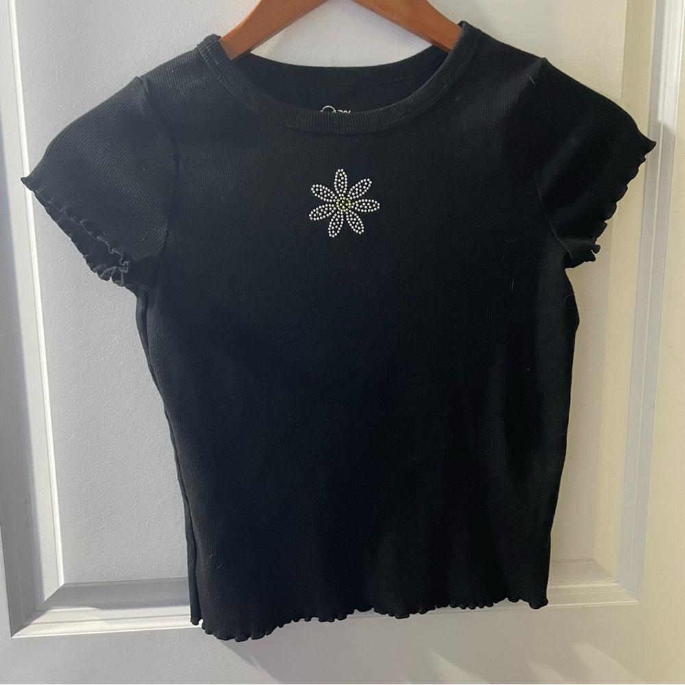 Art Class Black Short Sleeve Top with Floral Embellishment